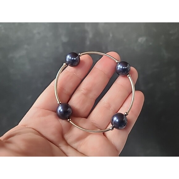 925 Sterling Silver Faux Blue Pearl Beaded Bangle Bracelet Vintage - Picture 1 of 10